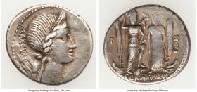 Cn. Egnatius Cn.f. Cn.n. Maxsumus (76 BC). AR denarius (18mm, 3.71 gm, 6h). About VF. Rome. MAXSVMVS, diademed and draped bust of Libertas right; behi...