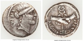 Albinus Bruti f. (ca. 48 BC). AR denarius (19mm, 3.85 gm, 2h). Fine. Rome. PIETAS, head of Pietas right, wearing pendant earring, strands of hair fall...