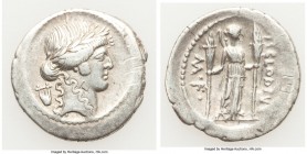P. Clodius M.f. Turrinus (42 BC). AR denarius (21mm, 3.80 gm, 6h). VF, graffiti, bankers mark, scratches. Rome. Laureate head of Apollo right; lyre in...