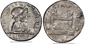 Augustus (27 BC-AD 14). AR denarius (19mm, 7h). NGC VF. Rome, ca. 19/18 BC, Q. Rustius, moneyer. Q RVSTIVS FORTVNAE, jugate busts right of Fortuna Vic...