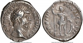 Lucius Verus (AD 161-169). AR denarius (18mm, 12h). NGC VF. Rome, December AD 164-August AD 165. L VERVS AVG-ARMENIACVS, bare head of Lucius Verus rig...