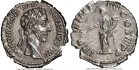 Commodus (AD 177-192). AR denarius (19mm, 12h). NGC AU. Rome, AD 181. M COMMODVS ANTONINVS AVG, laureate head of Commodus right / TR P VI IMP IIII COS...