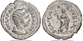Julia Mamaea (AD 222-235). AR denarius (21mm, 7h). NGC Choice AU. Rome. IVLIA MA-MAEA AVG, draped bust of Julia Mamaea right, seen from front, wearing...