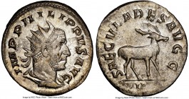 Philip I (AD 244-249). AR antoninianus (22mm, 1h). NGC Choice AU. Rome, 5th officina, Millennium Issue, AD 248. IMP PHILIPPVS AVG, radiate, draped and...