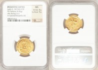 Justin II (AD 565-578). AV solidus (21mm, 4.46 gm, 6h). NGC MS 4/5 - 5/5. Constantinople, 9th officina. D N I-VSTI-NVS PP AVG, cuirassed bust of Justi...