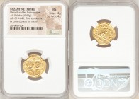 Heraclius (AD 610-641) and Heraclius Constantine. AV solidus (20mm, 4.45 gm, 6h). NGC MS 4/5 - 4/5. Constantinople, 10th officina, ca. AD 616-625. dd ...