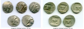 ANCIENT LOTS. Greek. Carian Islands. Rhodes. Ca. 88-84 BC. Lot of five (5) AR drachms. VF-XF. Includes: (5) Plinthophoric standard, AR drachms. Variou...