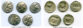 ANCIENT LOTS. Greek. Carian Islands. Rhodes. Ca. 88-84 BC. Lot of five (5) AR drachms. VF-XF. Includes: (5) Plinthophoric standard, AR drachms. Variou...