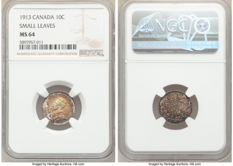 George V "Small Leaves" 10 Cents 1913 MS64 NGC, Ottawa mint, KM23. Small leaves ...