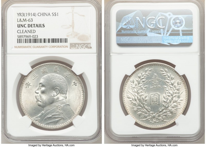Republic Yuan Shih-kai Dollar Year 3 (1914) UNC Details (Cleaned) NGC, KM-Y329, ...