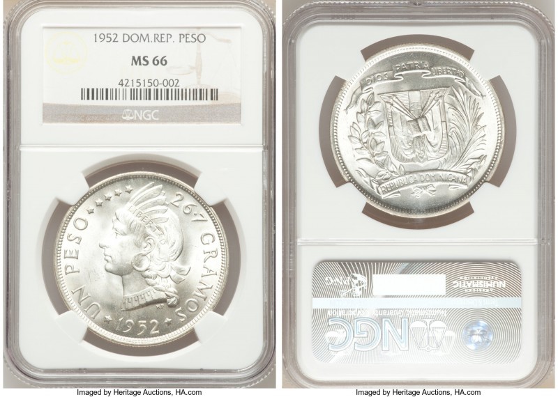 Republic Pair of Certified Pesos 1952 NGC, KM22. Graded MS66 and MS65. Sold as i...