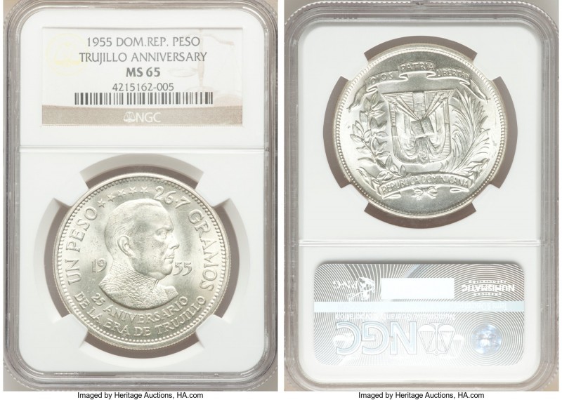 Republic Peso 1955-(p) MS65 NGC, Philadelphia mint, KM23. Trujillo anniversary i...