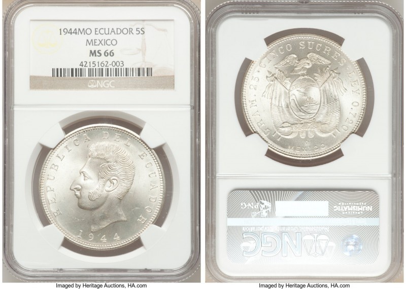 Republic 5 Sucres 1944-Mo MS66 NGC, Mexico City mint, KM79. Mint bloom and free ...