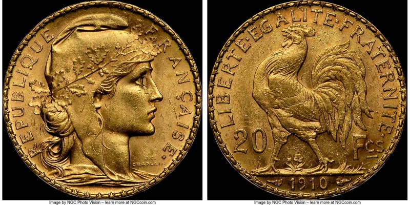 Republic gold 20 Francs 1910 MS62 NGC, Paris mint, KM857. AGW 0.1867 oz. Ex. Eri...