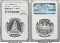 Saxony. Friedrich August III Proof "Battle of Leipzig" 3 Mark 1913-E PR64+ Ultra Cameo NGC, Muldenhutten mint, KM1275. Blast white, frosted devices an...