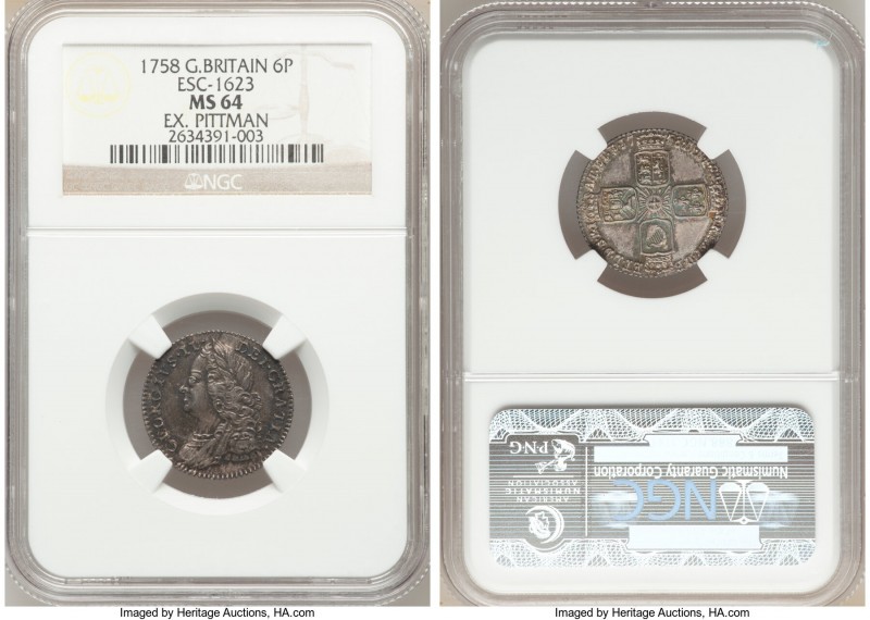George II 6 Pence 1758 MS64 NGC, KM582.2, ESC-1623. Ex. Pittman Collection

HI...