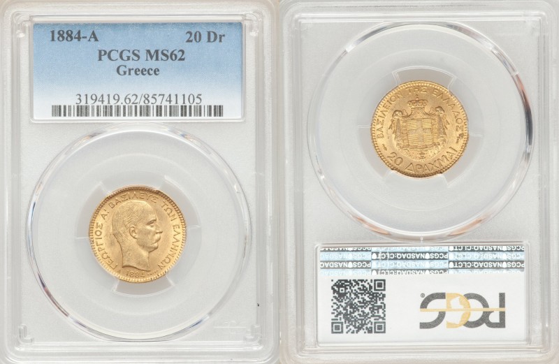 George I gold 20 Drachmai 1884-A MS62 PCGS, Paris mint, KM56. One year type. AGW...