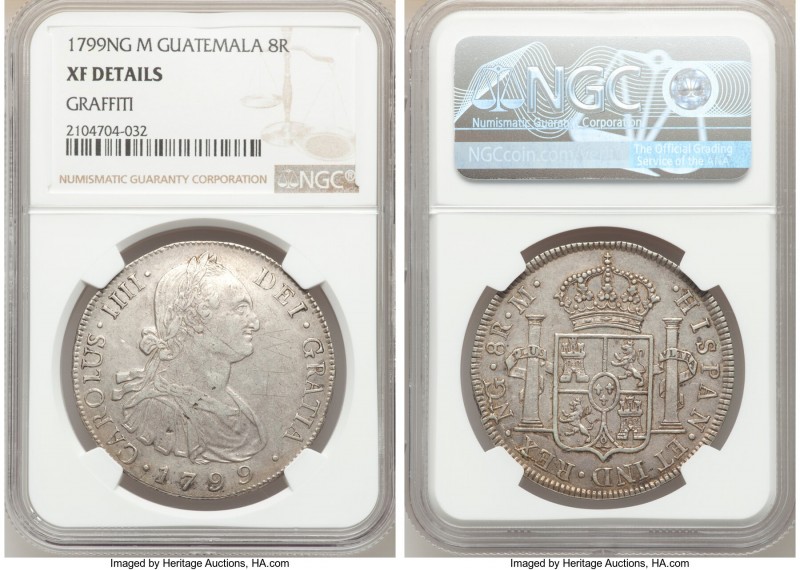 Charles IV 8 Reales 1799 NG-M XF Details (Graffiti) NGC, Nueva Guatemala mint, K...