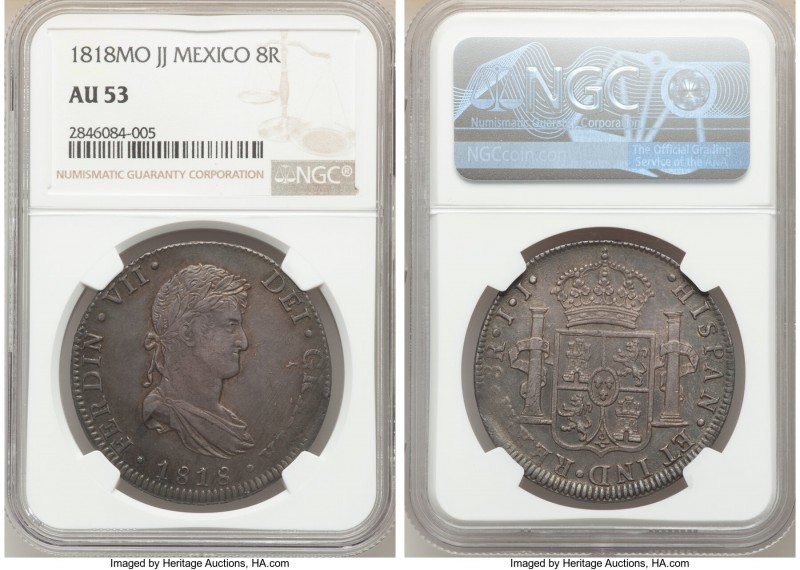 Ferdinand VII 8 Reales 1818 Mo-JJ AU53 NGC, Mexico City mint, KM111. Deeply tone...