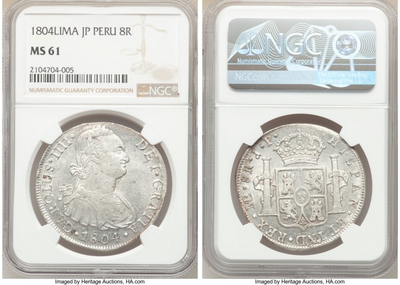 Charles IV 8 Reales 1804 LM-JP MS61 NGC, Lima mint, KM97. Lustrous and conservat...