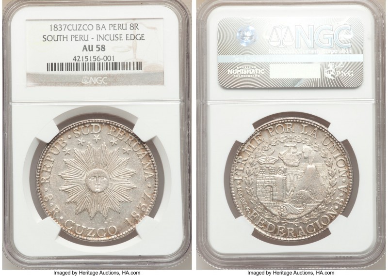 South Peru. Republic 8 Reales 1837 CUZCO-BA AU58 NGC, Cuzco mint, KM170.1. BA in...