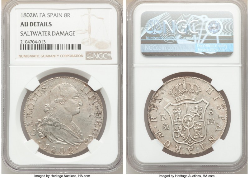 Charles IV 8 Reales 1802 M-FA AU Details (Saltwater Damage) NGC, Madrid mint, KM...
