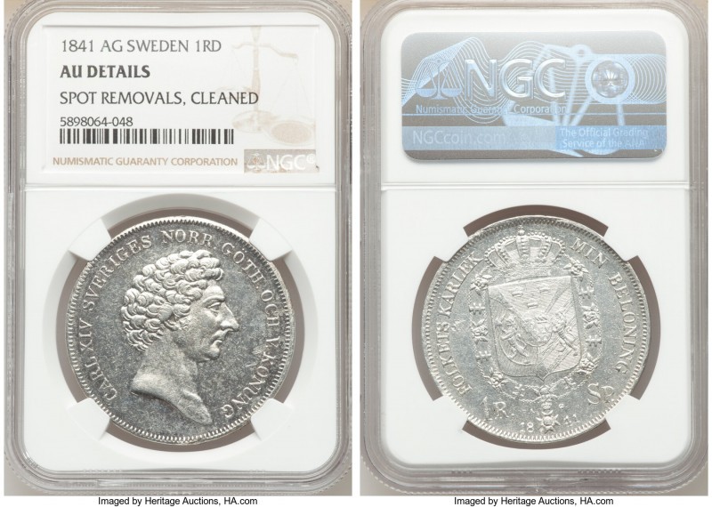 Carl XIV Johan Riksdaler 1841-AG AU Details (Spot Removals, Cleaned) NGC, KM632....