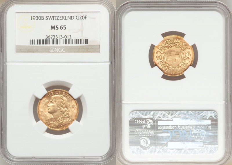 Confederation gold 20 Francs 1930-B MS65 NGC, Bern mint, KM35.1. AGW 0.1867 oz. ...