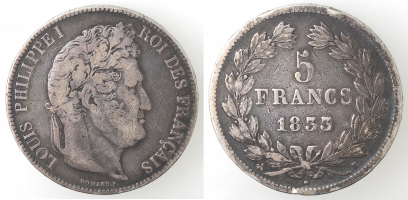 Monete Estere. Francia. Luigi Filippo I. 1830-1848. 5 Franchi 1833. Ag. KM# 749....