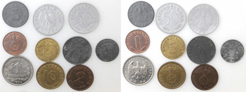 Monete Estere. Germania. Lotto di 10 monete Reichmark e Reich Pfenning. Al-Ni-Ae...