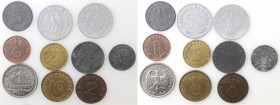 Germania. Lotto di 10 monete Reichmark e Reich Pfenning. Al-Ni-Ae.
