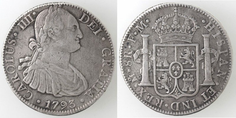 Monete Estere. Messico. Carlo IV. 1788-1808. 8 Reales 1793 FM. Ag. km 109. Peso ...