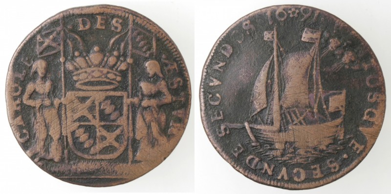 Monete Estere. Spagna. Carlo delle Asturie. Gettone o tessera 1691. Ae. Peso gr....