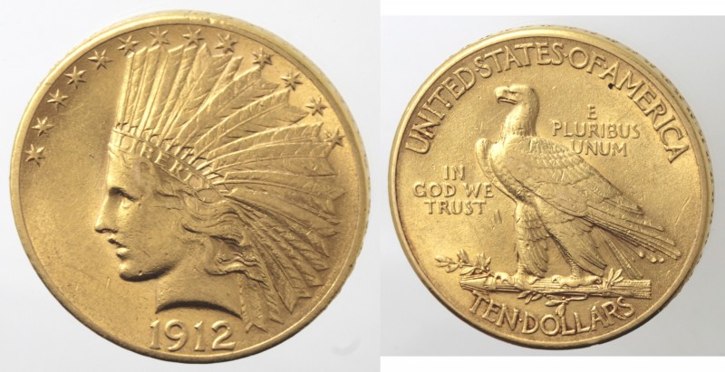 Monete Estere. USA. 10 Dollari Indiano 1912. Au. Peso gr. 16,72. qSPL. Graffio a...
