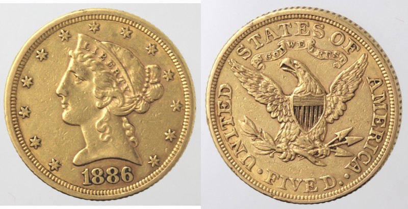 Monete Estere. USA. 5 Dollari Liberty 1886. Au. Peso gr. 8,35. BB+.