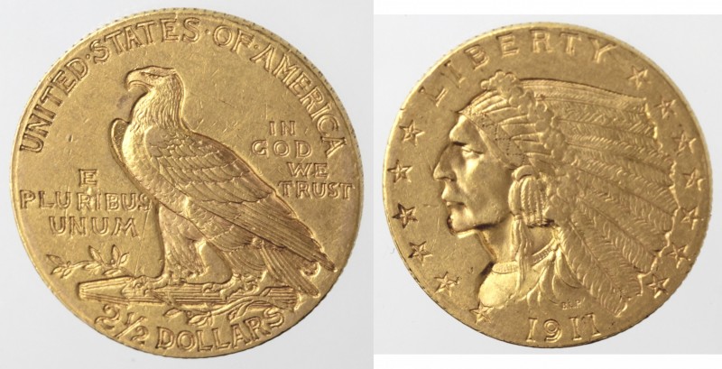 Monete Estere. USA. 2,5 Dollari Indian Head 1911. Au. Peso gr. 4,18. BB+.