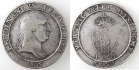 Napoli. Ferdinando IV. 1804-1805. Piastra 1805. Capelli Lisci. Ag.