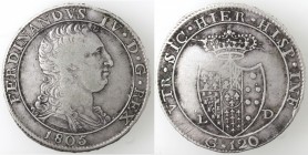 Napoli. Ferdinando IV. 1804-1805. Piastra 1805. Capelli Ricci. Ag.