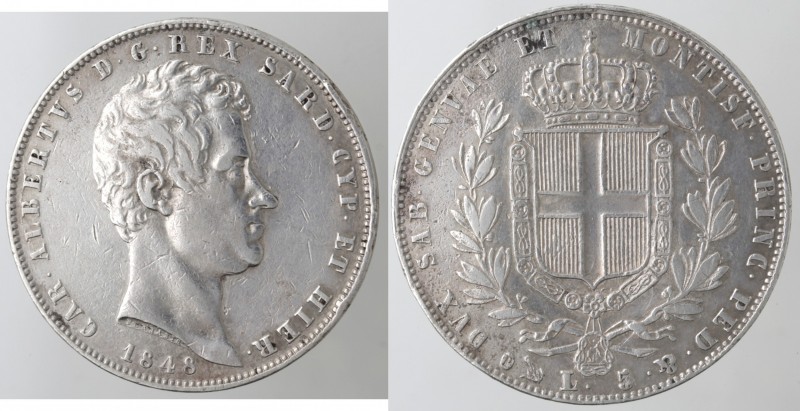 Casa Savoia. Carlo Alberto. 1831-1849. 5 Lire 1848. Genova. Ag. Gig 87. Peso gr....
