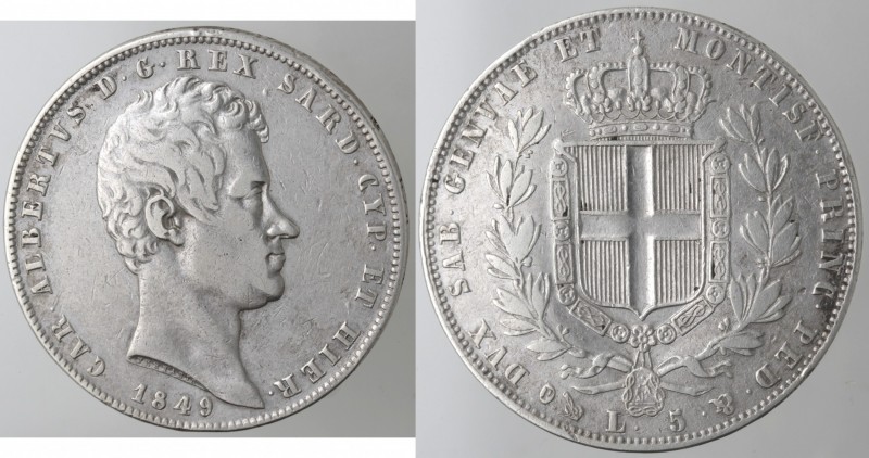 Casa Savoia. Carlo Alberto. 1831-1849. 5 Lire 1849. Genova. Ag. Gig 89. Peso gr....