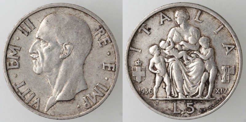 Casa Savoia. Vittorio Emanuele III. 1900-1943. 5 lire 1936 Famiglia. Ag. Gig. 83...