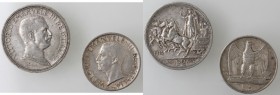 Vittorio Emanuele III. 1900-1943. Lotto di 2 Monete, 2 lire quadriga 1914, 5 lire lire 1927. Ag.