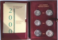 Repubblica Italiana. Verso il 2000. Cofanetto completo 6 monete, due da 10000 lire, 2 da 5000 lire e due da 2000 lire. Ag.