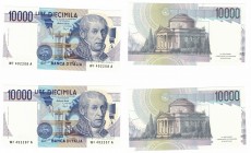 Repubblica Italiana. 10.000 Lire Alessandro Volta. Lotto di 2 Banconote. Serie Consecutiva.