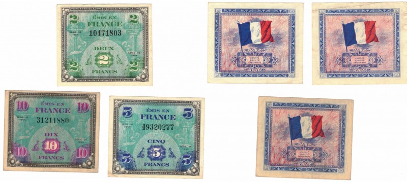 Banconote. Estere. Francia. Occupazione Militare. Lotto di 3 Pezzi. 10-5 e 2 Fra...