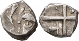 CELTIC, Southern Gaul. Volcae-Tectosages . Mid 2nd to early 1st century BC. Drachm (Silver, 15 mm, 2.74 g). Celticized male head to left; before, two ...