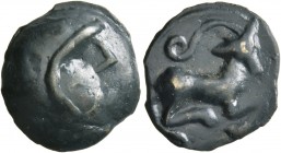 CELTIC, Central Gaul. Aedui . 50-30 BC. Cast unit (Potin, 19 mm, 4.87 g, 3 h), 'Dreigehörnter Stierkopf' Type. Helmeted head to right. Rev. Horned ani...