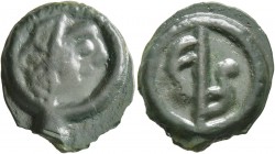 CELTIC, Central Gaul. Bituriges Cubi . Circa 50-30 BC. Cast unit (Potin, 20 mm, 3.11 g, 12 h), 'Aux deux volutes' Type. Celticized head to right withi...