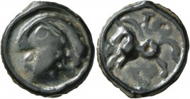 CELTIC, Central Gaul. Sequani . Circa 100-50 BC. Unit (Potin, 18 mm, 2.91 g, 8 h), 'TOC au cheval' Type. Celticized head to left, with hair in net. Re...