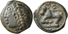 CELTIC, Central Gaul. Sequani . Circa 100-50 BC. Cast unit (Potin, 18 mm, 4.41 g, 3 h), 'Grosse tête' type. 'Laureate' celticized head to left, wearin...